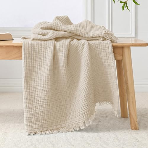 Esterra Muslin Throw Blanket 50x65 Inches Cozy Soft Lightweight Pre-Washed Cotton Blanket, All Season Breathable 4-Layer Gauze Blanket Throw for Sofa Couch Bed, Neutral - color: 02 - Neutral, size: Throw (50"x65")