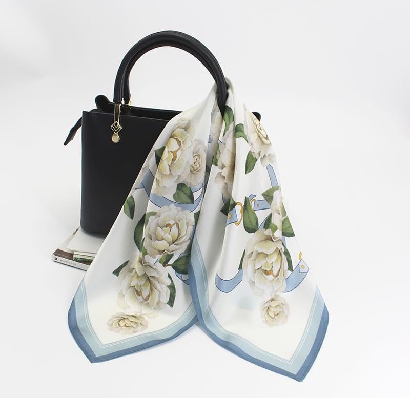 ANDANTINO 100% Mulberry Silk Scarf -21” Lightweight Square Neckerchief – Breathable Digital Printed Scarves with Gift Packed - color: Floral-pale Blue