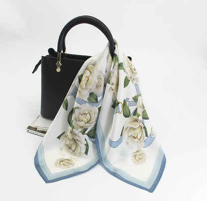 ANDANTINO 100% Mulberry Silk Scarf -21” Lightweight Square Neckerchief – Breathable Digital Printed Scarves with Gift Packed - color: Floral-pale Blue