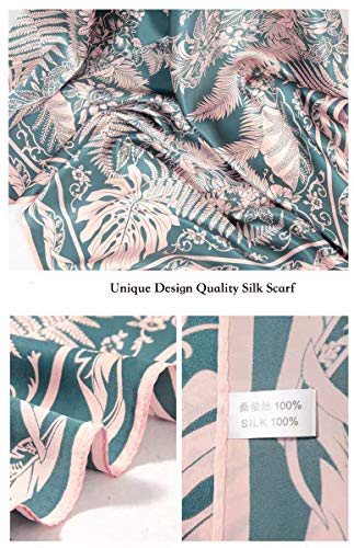 ANDANTINO 100% Pure Mulberry Silk Scarf 35" Large Square Lightweight Headscarf –Women’s Hair Wraps-With Gift Packed - color: Blue & Pink Leaves
