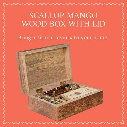 7.5” x 4.5” x 3” Mango Wood Box with Lid – Carved Scallop Medium Burnt – Handcrafted Wooden Keepsake Box – Medium Decorative Storage for Jewelry, Memory & Home Décor Accents