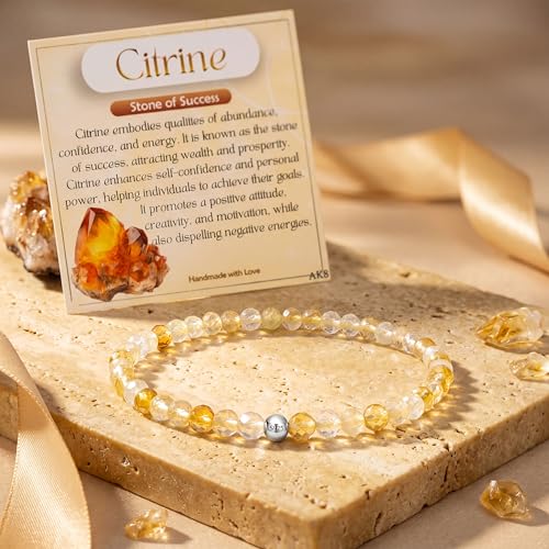 Beaded Bracelets for Women, Handmade Natural Stone Tiny 4mm Beads 925 Sterling Silver Dainty Stretch Bracelets, Chakra Crystal Gemstone Jewelry Gifts - color: Citrine (Stone of Success), size: Large 7.7-7.9 inch