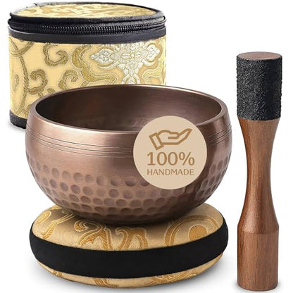 Silent Mind Tibetan Singing Bowl Set – Easy to Play & Beginner Friendly Meditation Bowl with Cushion, Mallet & Case | Stress Relief & Mindfulness | Gift-Ready - color: Brown Glossy, size: With Case