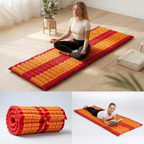 Leewadee - Foldable Floor Mattress - Japanese Roll Up Futon -Trifold Tatami Mat- Guest Floor Bed - Camping Mattress - Thai Massage Mat, Kapok Filled, 75 x 28 inches, Orange Red - color: Sf02 - Orange, size: M: 75x28"
