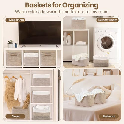 Optish 4 Pack Woven Basket for Storage, Basket for Organizing and Shelves, Rope Storage Basket for Toys, Towels, Books, Clothes, Baskets for Gifts Empty, 12.7'' X 8.3'' X 7.1'', White & Brown