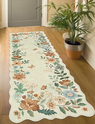 Lahome Floral Kitchen Runner Rug, 2X6 Rug Runners for Hallways Non Slip Ultra-Thin Soft, Non Slip Washable Runner Low-Pile Stain Resistant Boho Carpet for Bedroom Flore (2x6ft,Beige) - color: Beige, size: 2' x 6'（Runner）