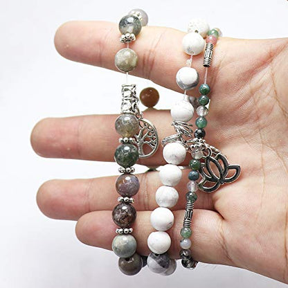 Tree of Life Yoga Healing Stone Bracelets,Multilayer Lotus Chakra Stone Reiki Bracelet Sets,Anxiety Crystal Natural Stone,for Women Stress Relief - style: Indian agate + white turquoise