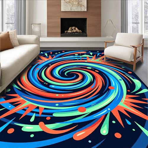 Low Pile Flatwoven Area Rug 6x9, Vivid Spiral Swirl Design Interactive with Festive Hues, Machine Washable, Stain Resistant Indoor Rug for Living Room, Bedroom, Non Slip(Blue, 6x9) - color: Blue/Pattern 12, size: 6' x 9' (Rectangular)