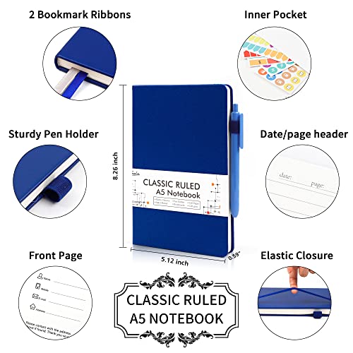feela 3 Pack Notebooks Journals Bulk with 3 Black Pens, A5 Hardcover Notebook Classic Ruled Lined Journal Set with Pen Holder for Work Business Journaling Note Taking, 120 GSM, 5.1”x8.3”, Navy - color: 3 Pack navy