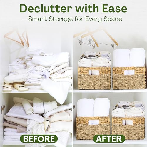 Large Wicker Storage Baskets with Handles, Natural Seagrass and Hyacinth Woven Storage Basket for Organizing Shelves, Closet, Pantry, Living Room, 17 x 11 x 7.5 Inches - size: Large - 17" x 11" x 7.5" in.