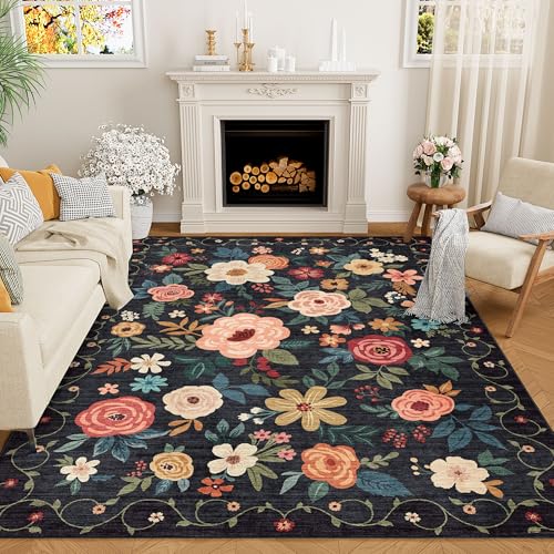 DUKINO 5x7 Area Rug, Floral Design, Lightweight Non Slip Washable, Indoor Low Pile & Non-Shedding Boho Rug for Bedroom, Living Room, Dining Room, Black - color: Black, size: 5' x 7' (Rectangular)