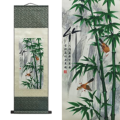AtfArt Asian Wall Decor Beautiful Silk Scroll Painting 4 Righteous Men Flowers - Plum Orchid Bamboo Chrysanthemum Oriental Decor Chinese Art Wall Scroll Hanging Painting Scroll (Bamboo) - color: G3(Bamboo)