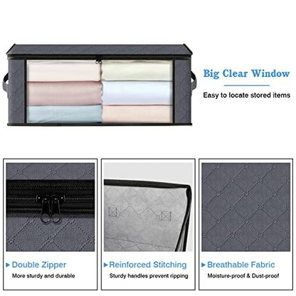 HomeHacks Storage 3-Pack Clothes Organizer Storage Bags Foldable Storage Box with Large Clear Window Sturdy Handles for Closet, Dorm, Pillows, Bedding, Clothes, Blankets, 35L, Gray