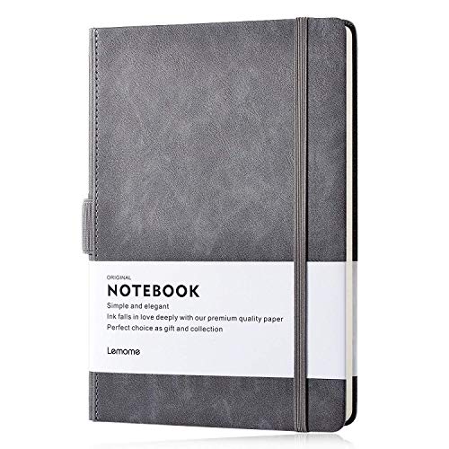 Lemome Thick Classic Notebook with Pen Loop - A5 College Ruled Hardcover Writing Notebook with Pocket + Page Dividers Gifts, Banded, Large, 180 Pages, 8.4 x 5.7 in - color: Gray