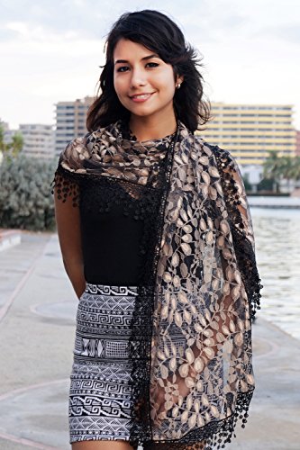 Cindy and Wendy Lightweight Soft Leaf Lace Fringes Scarf Bridal Veils shawl for Women - color: Black & Coffee