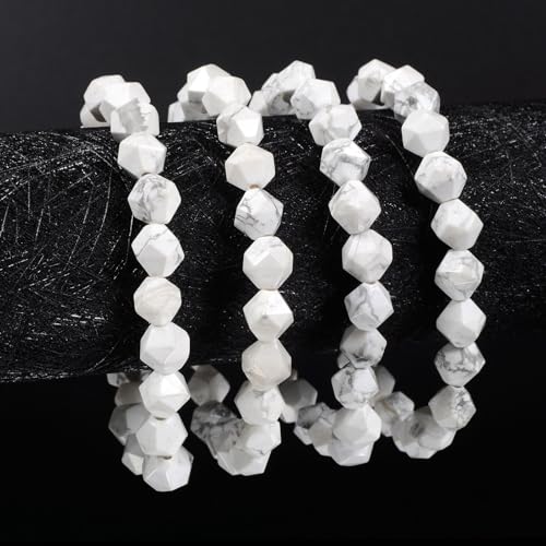 Justinstones 8mm Natural Gemstone Round Beads Triangle Faceted Charm Stretch Bracelet 6.5" - color: White Howlite