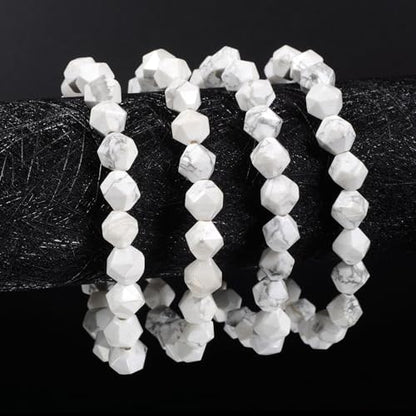 Justinstones 8mm Natural Gemstone Round Beads Triangle Faceted Charm Stretch Bracelet 6.5" - color: White Howlite