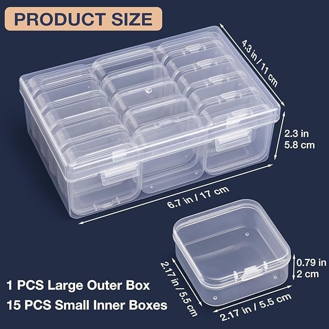 15 Grid Organizers Plastic Storage Containers Transparent Rectangle Bead Storage Box with Hinged Lid Clear Craft Supply Case