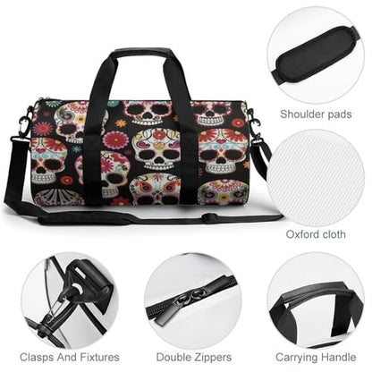 Sugar Skull Art Cylindrical Portable Fitness Bag, Large Capacity Handbag - color: Sugar Skull art