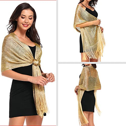 vimate Sparkling Metallic Shawls and Wraps for Evening Party/Wedding/Formal Dresses (With Free Buckle) - color: B1#. Gold (With Gold Buckle)