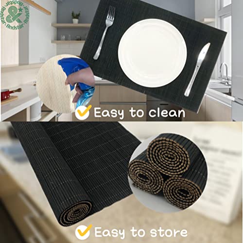 Set of 8 Pcs Bamboo Placemats Sushi Rolling Mat Japanese Style Natural Anti-Slip Bamboo Placemats Washable Heat-Resistant Table Mats for Dining Room and Kitchen（Black） - color: 4black, size: Set of 8
