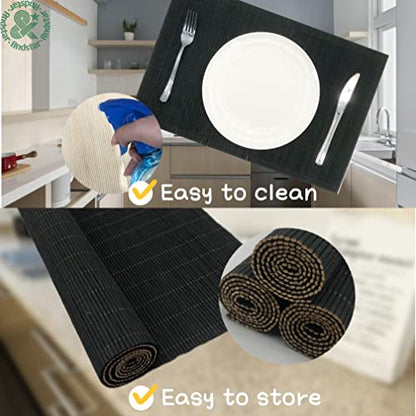 Set of 8 Pcs Bamboo Placemats Sushi Rolling Mat Japanese Style Natural Anti-Slip Bamboo Placemats Washable Heat-Resistant Table Mats for Dining Room and Kitchen（Black） - color: 4black, size: Set of 8