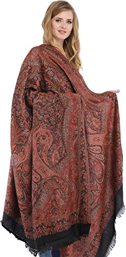 Exotic India Reversible Jamawar Shawl with Woven Paisleys - Wool - color: Black