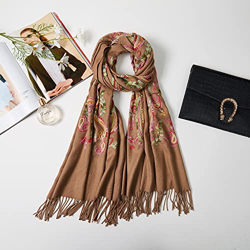Embroidered Brushed Shawl Paisley Leaves Pattern Scarf Soft Ponchos Wrap Cape With Fringes - color: 015-camel