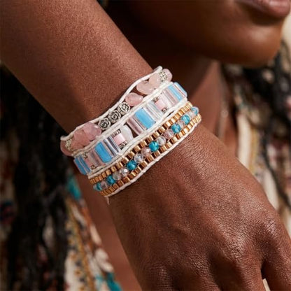 YGLINE Natural Stone Wrap Bracelet for Women Boho Bracelets Healing Crystal Beaded Bracelet Adjustable 3/5 Wraps Bracelet Handmade Birthday Gifts for Women - color: blue＆pink
