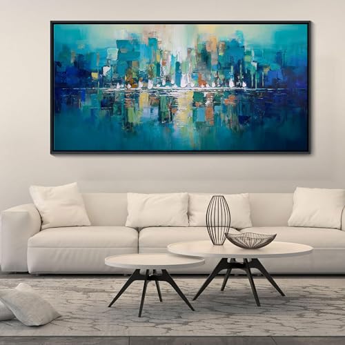 YDYSUNE Teal and White Abstract City Wall Art - Large Framed Canvas Painting, Contemporary Modern Wall Decor Picture & Artwork for Living Room, Office, Bedroom, Ready to Hang Size 29x58 Inch - color: Green-F, size: 29"L x 58"W