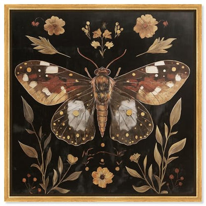 Moth and Moonflowers Canvas Folk Art Prints, Gold Frame, 20" x 20" - color: Gold Frame, size: 21"L x 21"W
