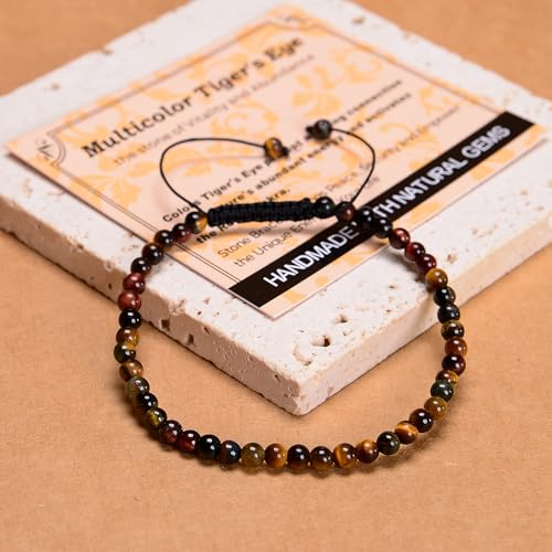 MASSIVE BEADS Handmade Yoga Natural Stone Crystal Healing Power Energy Gifts for Unisex Adult Bracelet Macrame Adjustable - color: 3-Tiger's Eye (Vitality and Abundance), size: 4mm