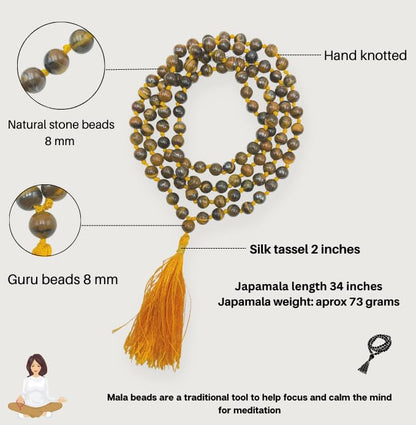 GEMSCITE Japa Mala 108 Prayer Beads Perfect for Meditation Spiritual Mala Necklace & Wrist Mala Bracelet - color: Red Tigers Eye, size: Hand Knotted