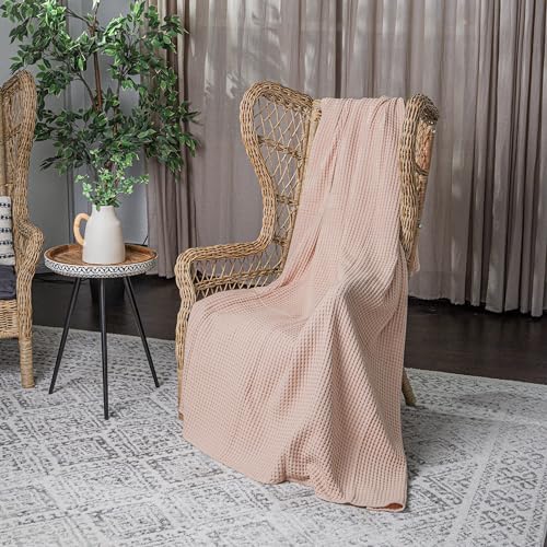 Comfy Cubs 100% Cotton Waffle Weave Throw Blanket Breathable Skin-Friendly Soft Lightweight Blankets - Perfect Warm Textured Blanket Layer - Size for Couch Bed & Sofa (Blush, 50" X 60") - color: Blush, size: 50" X 60"