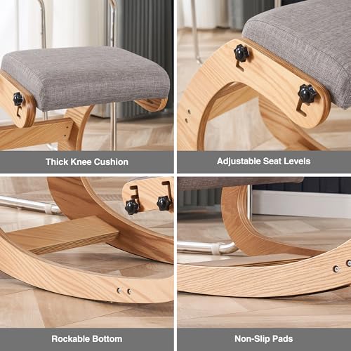 Ergonomic Kneeling Chair, Adjustable Rocking Office Chair Wooden Knee Chair Posture Chair for Home Office Back Pain Relief, Grey - color: Grey
