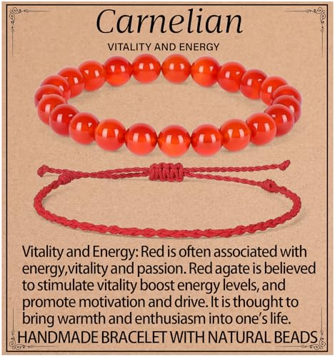 QOGIR 2pcs Handmade Healing Bracelet, Natural Gem Stone Crystal Elastic Bracelet - color: Carnelian(Vitality and Energy), size: 8mm