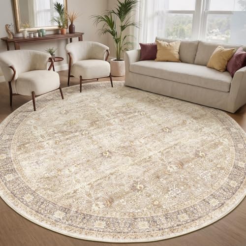 Neutral Beige Large Round Area Rugs for Living Room 8ft, Farmhouse Vintage Big Round Carpet 8 Feet Family Room, Washable Non Slip Low Pile Thin 8x8 Circular Rugs for Dining Area - color: Beige/Taupe/Multi, size: 8' (Round)