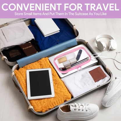 2Pcs Pink Frame Hard Shell Zipper Case, Travel Organizer with Clear Zipper Pouches Hard Shell Design, Multipurpose Clear Makeup Bag for Snacks, Toiletries Stationery Doll Storage (7.9x3.9 Inch)