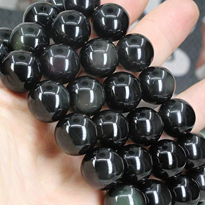 Keleny Natural Gem Semi Precious Gemstones 14mm Round Beads Crystal Stretch Bracelets 7 Inch Unisex - color: AA Grade Rainbow Obsidian