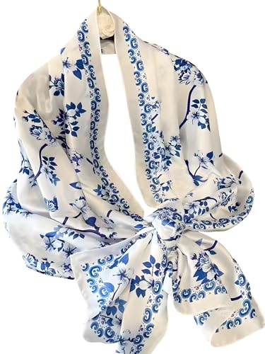 Large Shawl Scarf For Women Lightweight Wraps Silky Headscarf Long Sunscreen Scarfs - color: T8 Blue Plants / 70"x 35"