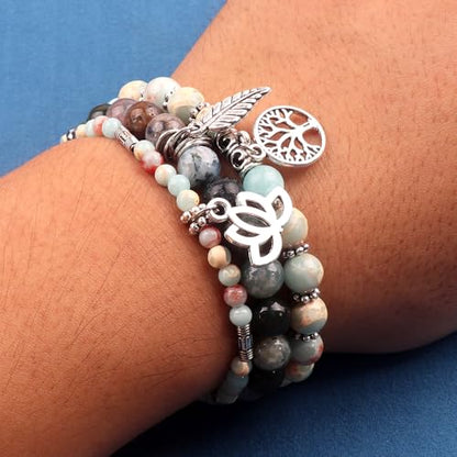Tree of Life Yoga Healing Stone Bracelets,Multilayer Lotus Chakra Stone Reiki Bracelet Sets,Anxiety Crystal Natural Stone,for Women Stress Relief - style: Shoushan stone + Indian agate