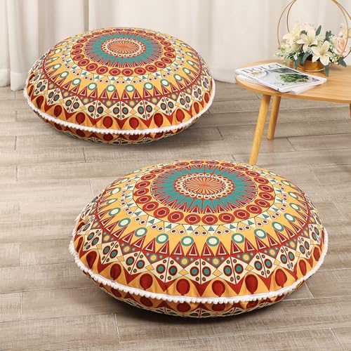 LOVMOC 32 Inch Round Floor Pillow for Adults Set of 2, Large Thick Memory Foam Boho Mandala Meditation Floor Seating Cushion, Machine Washable for Living Room Outdoor Yoga Floor Sitting, Orange - color: Orange, size: 2 Count (Pack of 1)