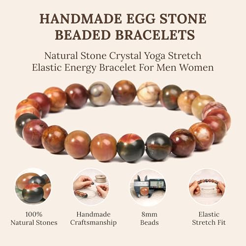 Elm City Direct 8mm Natural Stone Beaded Bracelet – Unisex Crystal Stretch Bracelets for Men & Women, Chakra & Healing Jewelry, Gift-Ready Beaded Bracelets - color: Egg Stone