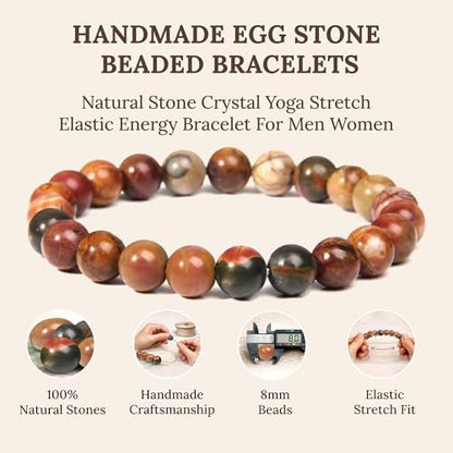 Elm City Direct 8mm Natural Stone Beaded Bracelet – Unisex Crystal Stretch Bracelets for Men & Women, Chakra & Healing Jewelry, Gift-Ready Beaded Bracelets - color: Egg Stone