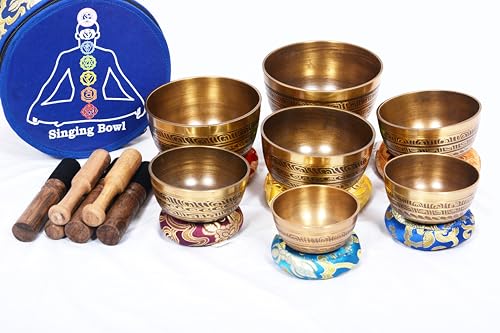Set of 7 Chakra Etching Singing bowl- All in one- Handmade, healing bowls from Nepal-Meditation Bowl,Healing, Great for Meditation, Yoga, Sound Bath, Mindfulness, Relaxation ~ Cushion, Wooden Mallet