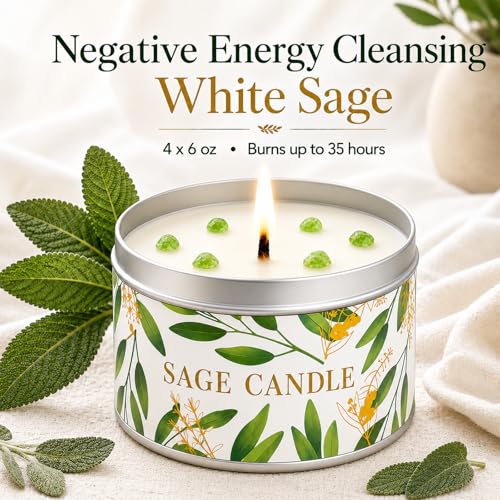 Sage Candles Gift Set, 4 Pack Natural Soy Wax White Sage Smudge Kit with Healing Crystals, House Cleansing & Negative Energy, Spiritual Meditation & Aromatherapy, Housewarming Birthday Self Care Gifts - style: Pure Sage 4 Pack
