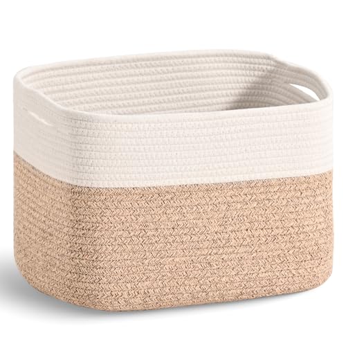 ICERZCZ Woven Cotton Rope Storage Basket for Organizing, Cute Decorative Baskets for Gifts Empty, Organizer Bins for Dog Toy, Baby Laundry, 15“×11”×9.5“, Off White & Brown - color: Off White & Brown, size: 15“(l)×11”(w)×9.5“(h)