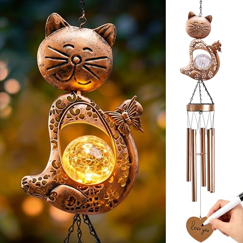 Nacome Cat Wind Chimes Outdoor Indoor: Weatherproof Metal Outdoor Decor Easy Hanging for Garden Patio Tree Window - Melodious Mother's Day Birthday Gifts for Mom Women Mom Grandma Her Wife - color: Copper Cat