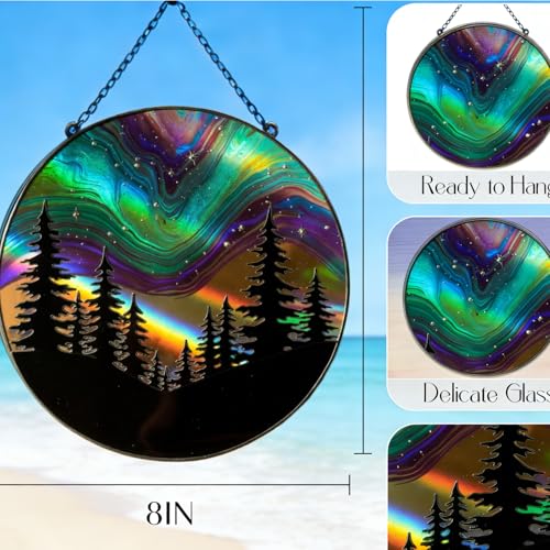 Aurora Forest Stained Glass Suncatcher – Northern Lights Window Hanging, Handmade Round Sun Catcher for Bedroom, Meditation Room, Nature Lover Gift & Winter Home Decor