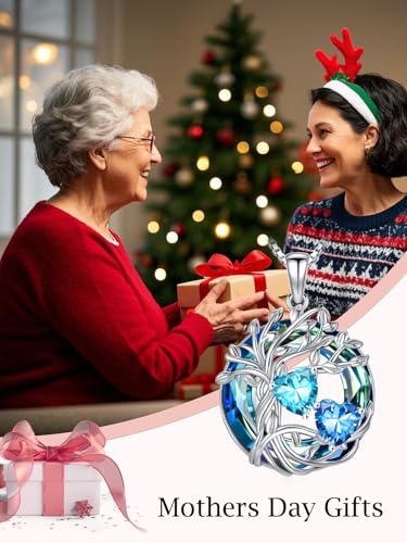TOUPOP s925 Sterling Silver Family Celtic Tree of Life Pendant Necklaces with 2 Heart Birthstone with Blue Austrian Crystal Jewelry Birthday Valentines Day Gifts for Her, Anniversary Christmas Gifts for Wife Girlfriend Mom (18K Real White Gold Filled) - c